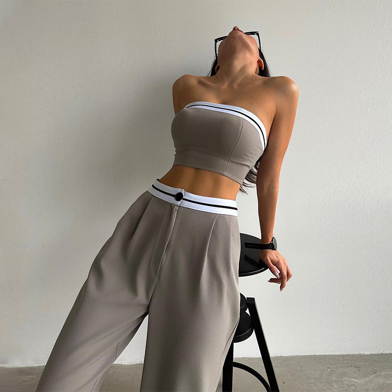 Colour Block Crop Top & Wide Leg Pants Set