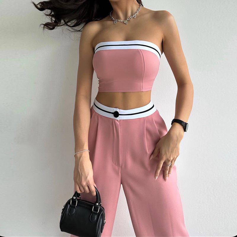 Colour Block Crop Top & Wide Leg Pants Set